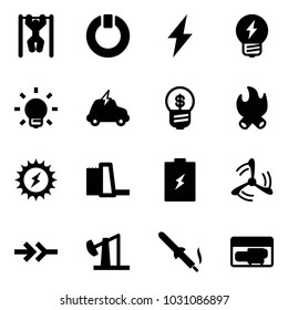 Solid vector icon set - pull ups vector, standby, lightning, idea, bulb, electric car, business, fire, sun power, water plant, battery, wind mill, connect, oil derrick, soldering iron, generator