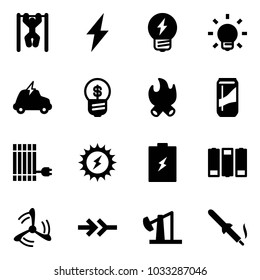 Solid vector icon set - pull ups vector, lightning, idea, bulb, electric car, business, fire, drink, sun panel, power, battery, wind mill, connect, oil derrick, soldering iron