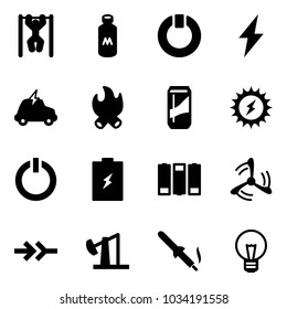 Solid vector icon set - pull ups vector, milk, standby, lightning, electric car, fire, drink, sun power, button, battery, wind mill, connect, oil derrick, soldering iron, bulb