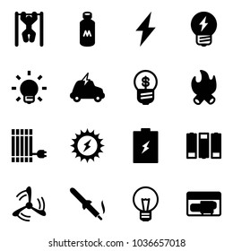 Solid vector icon set - pull ups vector, milk, lightning, idea, bulb, electric car, business, fire, sun panel, power, battery, wind mill, soldering iron, generator