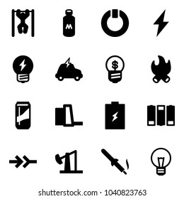 Solid vector icon set - pull ups vector, milk, standby, lightning, idea, electric car, business, fire, drink, water power plant, battery, connect, oil derrick, soldering iron, bulb