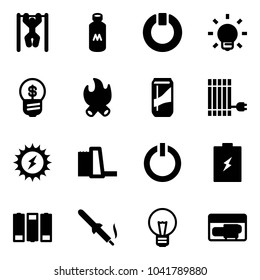 Solid vector icon set - pull ups vector, milk, standby, bulb, business idea, fire, drink, sun panel, power, water plant, button, battery, soldering iron, generator