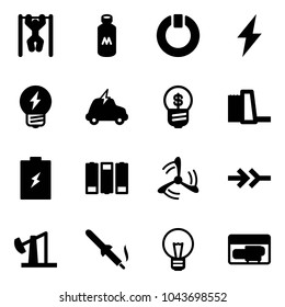 Solid vector icon set - pull ups vector, milk, standby, lightning, idea, electric car, business, water power plant, battery, wind mill, connect, oil derrick, soldering iron, bulb, generator