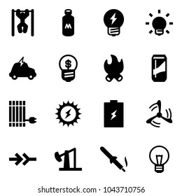 Solid vector icon set - pull ups vector, milk, idea, bulb, electric car, business, fire, drink, sun panel, power, battery, wind mill, connect, oil derrick, soldering iron