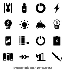 Solid vector icon set - pull ups vector, milk, standby, lightning, idea, bulb, electric car, business, drink, sun panel, button, battery, connect, oil derrick, soldering iron