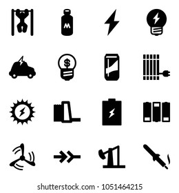 Solid vector icon set - pull ups vector, milk, lightning, idea, electric car, business, drink, sun panel, power, water plant, battery, wind mill, connect, oil derrick, soldering iron