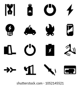 Solid vector icon set - pull ups vector, milk, standby, lightning, idea, electric car, fire, drink, water power plant, button, battery, wind mill, connect, oil derrick, soldering iron, generator