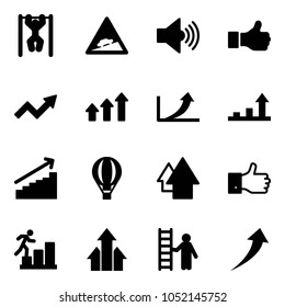 Solid vector icon set - pull ups vector, climb road sign, volume max, like, growth arrow, arrows up, air balloon, finger, career, opportunity