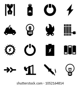 Solid vector icon set - pull ups vector, milk, standby, lightning, electric car, business idea, fire, sun panel, power, button, battery, connect, oil derrick, soldering iron, bulb