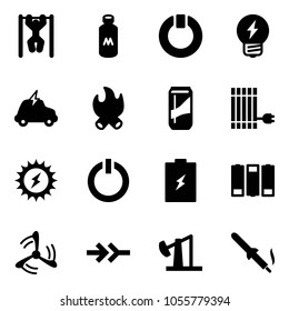 Solid vector icon set - pull ups vector, milk, standby, idea, electric car, fire, drink, sun panel, power, button, battery, wind mill, connect, oil derrick, soldering iron