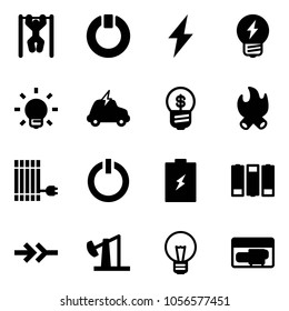 Solid vector icon set - pull ups vector, standby, lightning, idea, bulb, electric car, business, fire, sun panel, button, battery, connect, oil derrick, generator