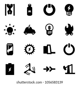 Solid vector icon set - pull ups vector, milk, standby, idea, bulb, electric car, business, fire, drink, sun power, water plant, button, battery, wind mill, connect, oil derrick