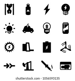 Solid vector icon set - pull ups vector, milk, lightning, idea, bulb, electric car, business, drink, sun power, water plant, battery, wind mill, connect, oil derrick, soldering iron, generator
