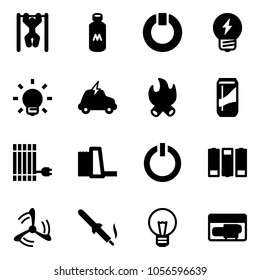 Solid vector icon set - pull ups vector, milk, standby, idea, bulb, electric car, fire, drink, sun panel, water power plant, button, battery, wind mill, soldering iron, generator