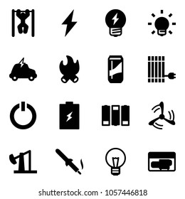 Solid vector icon set - pull ups vector, lightning, idea, bulb, electric car, fire, drink, sun panel, standby button, battery, wind mill, oil derrick, soldering iron, generator