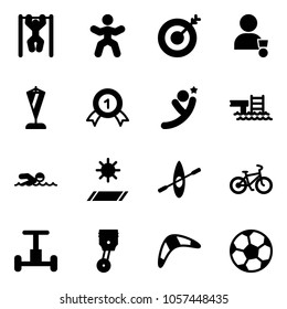 Solid vector icon set - pull ups vector, gymnastics, target, winner, pennant, gold medal, flying man, pool, swimming, mat, kayak, bike, gyroscope, piston, boomerang, soccer ball