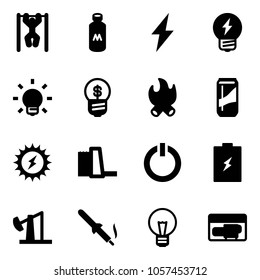 Solid vector icon set - pull ups vector, milk, lightning, idea, bulb, business, fire, drink, sun power, water plant, standby button, battery, oil derrick, soldering iron, generator