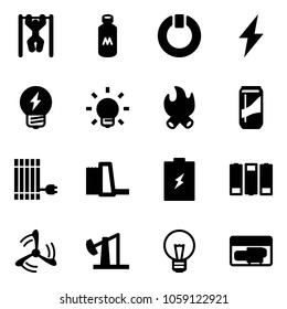 Solid vector icon set - pull ups vector, milk, standby, lightning, idea, bulb, fire, drink, sun panel, water power plant, battery, wind mill, oil derrick, generator
