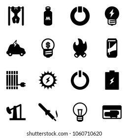 Solid vector icon set - pull ups vector, milk, standby, idea, electric car, business, fire, drink, sun panel, power, button, battery, oil derrick, soldering iron, bulb, generator