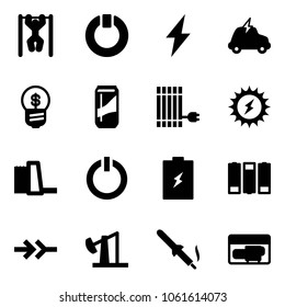 Solid vector icon set - pull ups vector, standby, lightning, electric car, business idea, drink, sun panel, power, water plant, button, battery, connect, oil derrick, soldering iron, generator