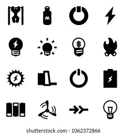 Solid vector icon set - pull ups vector, milk, standby, lightning, idea, bulb, business, fire, sun power, water plant, button, battery, wind mill, connect