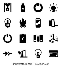 Solid vector icon set - pull ups vector, milk, standby, bulb, business idea, fire, drink, water power plant, button, battery, wind mill, connect, oil derrick, generator