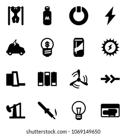 Solid vector icon set - pull ups vector, milk, standby, lightning, electric car, business idea, drink, sun power, water plant, battery, wind mill, connect, oil derrick, soldering iron, bulb