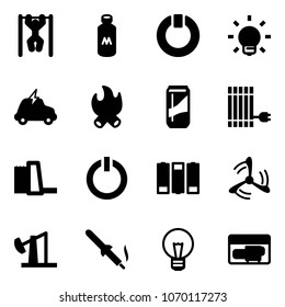 Solid vector icon set - pull ups vector, milk, standby, bulb, electric car, fire, drink, sun panel, water power plant, button, battery, wind mill, oil derrick, soldering iron, generator