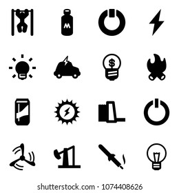 Solid vector icon set - pull ups vector, milk, standby, lightning, bulb, electric car, business idea, fire, drink, sun power, water plant, button, wind mill, oil derrick, soldering iron