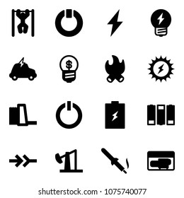 Solid vector icon set - pull ups vector, standby, lightning, idea, electric car, business, fire, sun power, water plant, button, battery, connect, oil derrick, soldering iron, generator