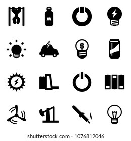 Solid vector icon set - pull ups vector, milk, standby, idea, bulb, electric car, business, drink, sun power, water plant, button, battery, wind mill, oil derrick, soldering iron