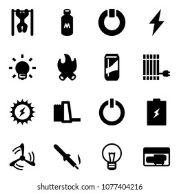 Solid vector icon set - pull ups vector, milk, standby, lightning, bulb, fire, drink, sun panel, power, water plant, button, battery, wind mill, soldering iron, generator