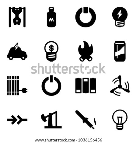 Solid vector icon set - pull ups vector, milk, standby, idea, electric car, business, fire, drink, sun panel, button, battery, wind mill, connect, oil derrick, soldering iron, bulb