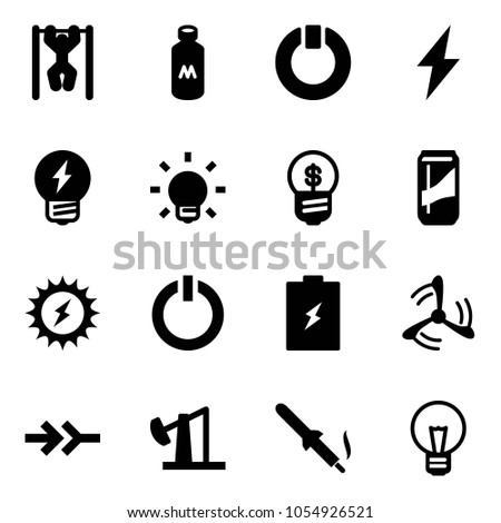 Solid vector icon set - pull ups vector, milk, standby, lightning, idea, bulb, business, drink, sun power, button, battery, wind mill, connect, oil derrick, soldering iron