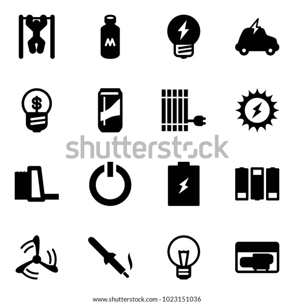 Solid\
vector icon set - pull ups vector, milk, idea, electric car,\
business, drink, sun panel, power, water plant, standby button,\
battery, wind mill, soldering iron, bulb,\
generator