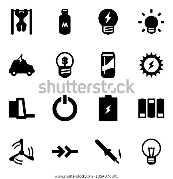 Solid vector icon set\
- pull ups vector, milk, idea, bulb, electric car, business, drink,\
sun power, water plant, standby button, battery, wind mill,\
connect, soldering iron