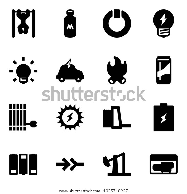 Solid vector icon set -\
pull ups vector, milk, standby, idea, bulb, electric car, fire,\
drink, sun panel, power, water plant, battery, connect, oil\
derrick, generator