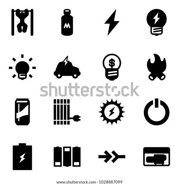 Solid vector icon set
- pull ups vector, milk, lightning, idea, bulb, electric car,
business, fire, drink, sun panel, power, standby button, battery,
connect, generator