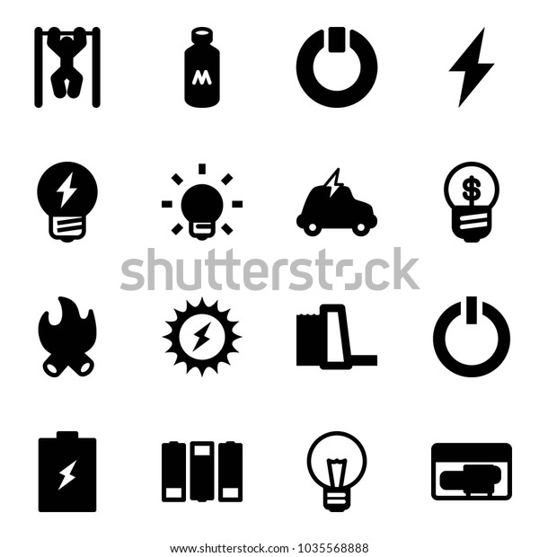Solid vector icon set - pull ups\
vector, milk, standby, lightning, idea, bulb, electric car,\
business, fire, sun power, water plant, button, battery,\
generator