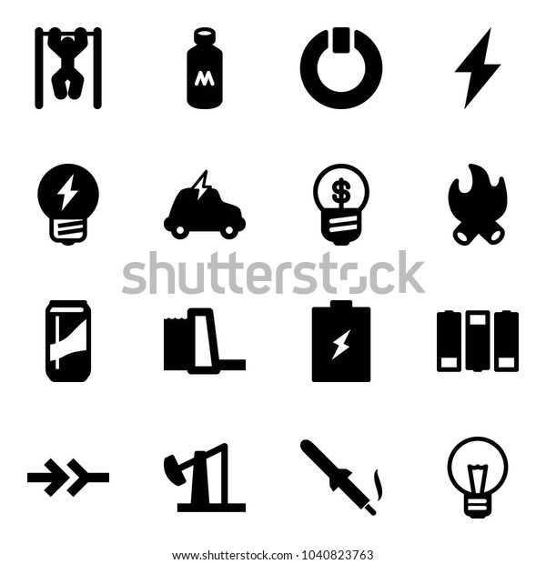 Solid vector\
icon set - pull ups vector, milk, standby, lightning, idea,\
electric car, business, fire, drink, water power plant, battery,\
connect, oil derrick, soldering iron,\
bulb