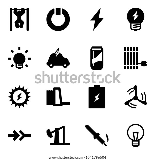 Solid vector\
icon set - pull ups vector, standby, lightning, idea, bulb,\
electric car, drink, sun panel, power, water plant, battery, wind\
mill, connect, oil derrick, soldering\
iron