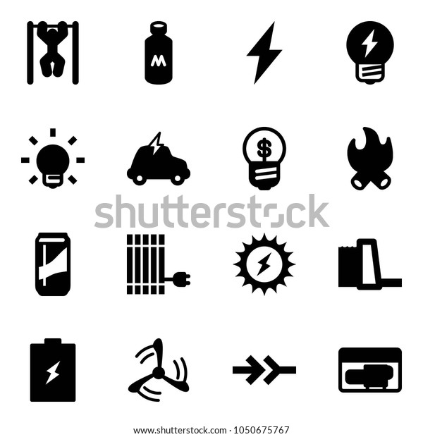 Solid vector icon\
set - pull ups vector, milk, lightning, idea, bulb, electric car,\
business, fire, drink, sun panel, power, water plant, battery, wind\
mill, connect, generator