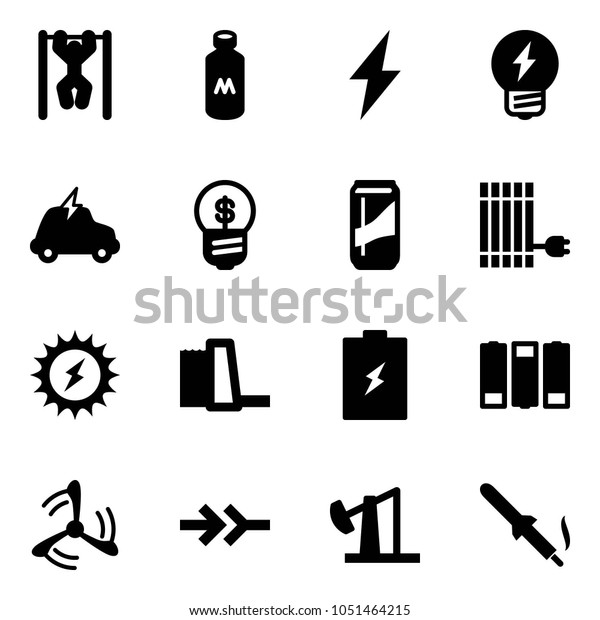Solid vector\
icon set - pull ups vector, milk, lightning, idea, electric car,\
business, drink, sun panel, power, water plant, battery, wind mill,\
connect, oil derrick, soldering\
iron