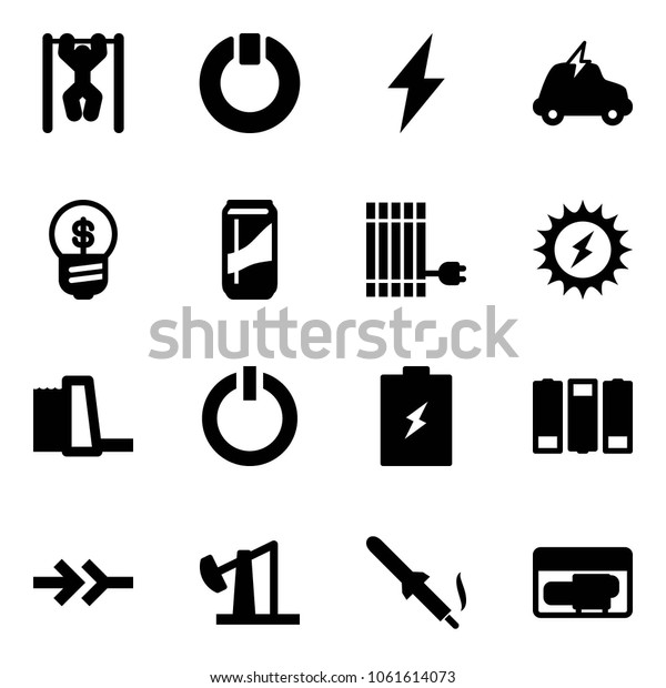 Solid vector icon set - pull ups vector,\
standby, lightning, electric car, business idea, drink, sun panel,\
power, water plant, button, battery, connect, oil derrick,\
soldering iron,\
generator