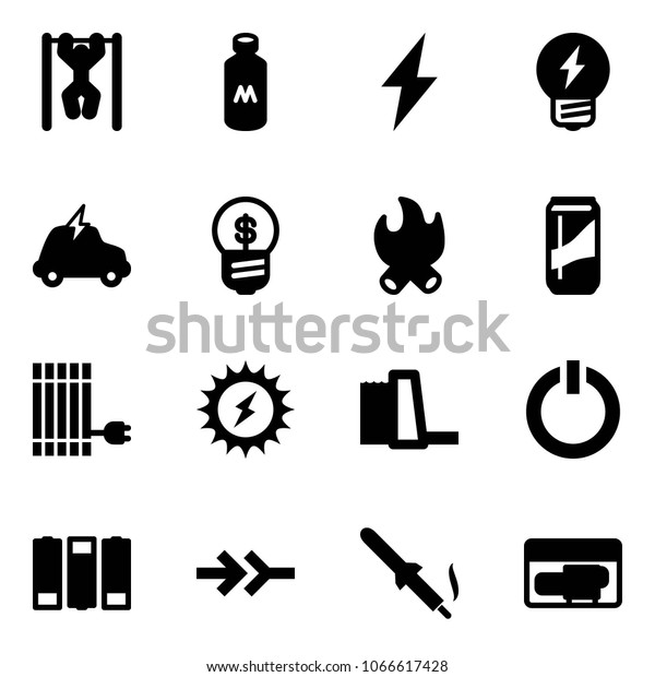 Solid\
vector icon set - pull ups vector, milk, lightning, idea, electric\
car, business, fire, drink, sun panel, power, water plant, standby\
button, battery, connect, soldering iron,\
generator