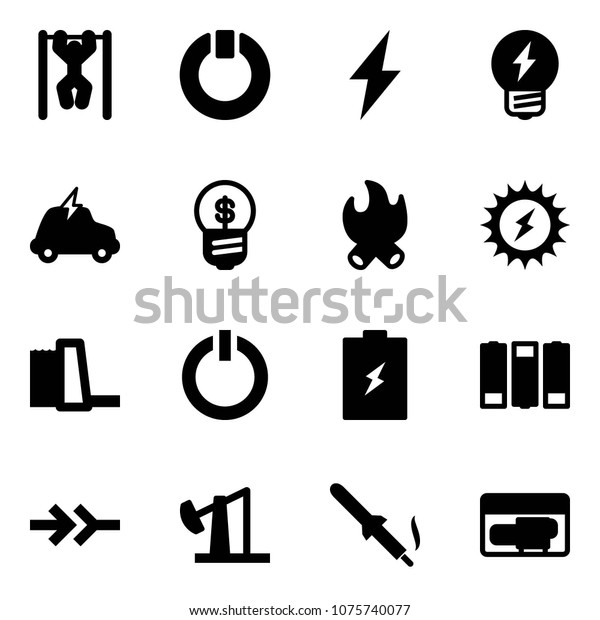 Solid vector icon set - pull ups vector,\
standby, lightning, idea, electric car, business, fire, sun power,\
water plant, button, battery, connect, oil derrick, soldering iron,\
generator