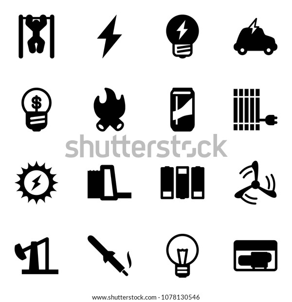 Solid\
vector icon set - pull ups vector, lightning, idea, electric car,\
business, fire, drink, sun panel, power, water plant, battery, wind\
mill, oil derrick, soldering iron, bulb,\
generator