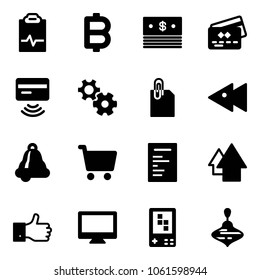 Solid vector icon set - pulse clipboard vector, bitcoin, dollar, credit card, tap pay, gear, attachment, fast backward, bell, cart, document, arrow up, finger, monitor, game console, wirligig toy