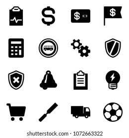 Solid vector icon set - pulse clipboard vector, dollar sign, credit card, flag, calculator, no bus road, gear, shield, cross, bell, idea, cart, rasp, truck toy, soccer ball