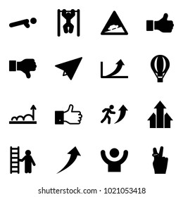 Solid vector icon set - push ups vector, pull, climb road sign, like, dislike, paper plane, growth arrow, air balloon, finger up, career, arrows, opportunity, success, victory